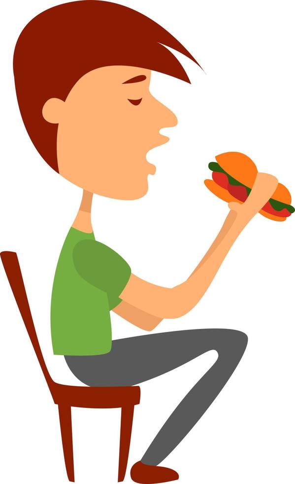 Mann isst Sandwich, Illustration, Vektor auf weißem Hintergrund