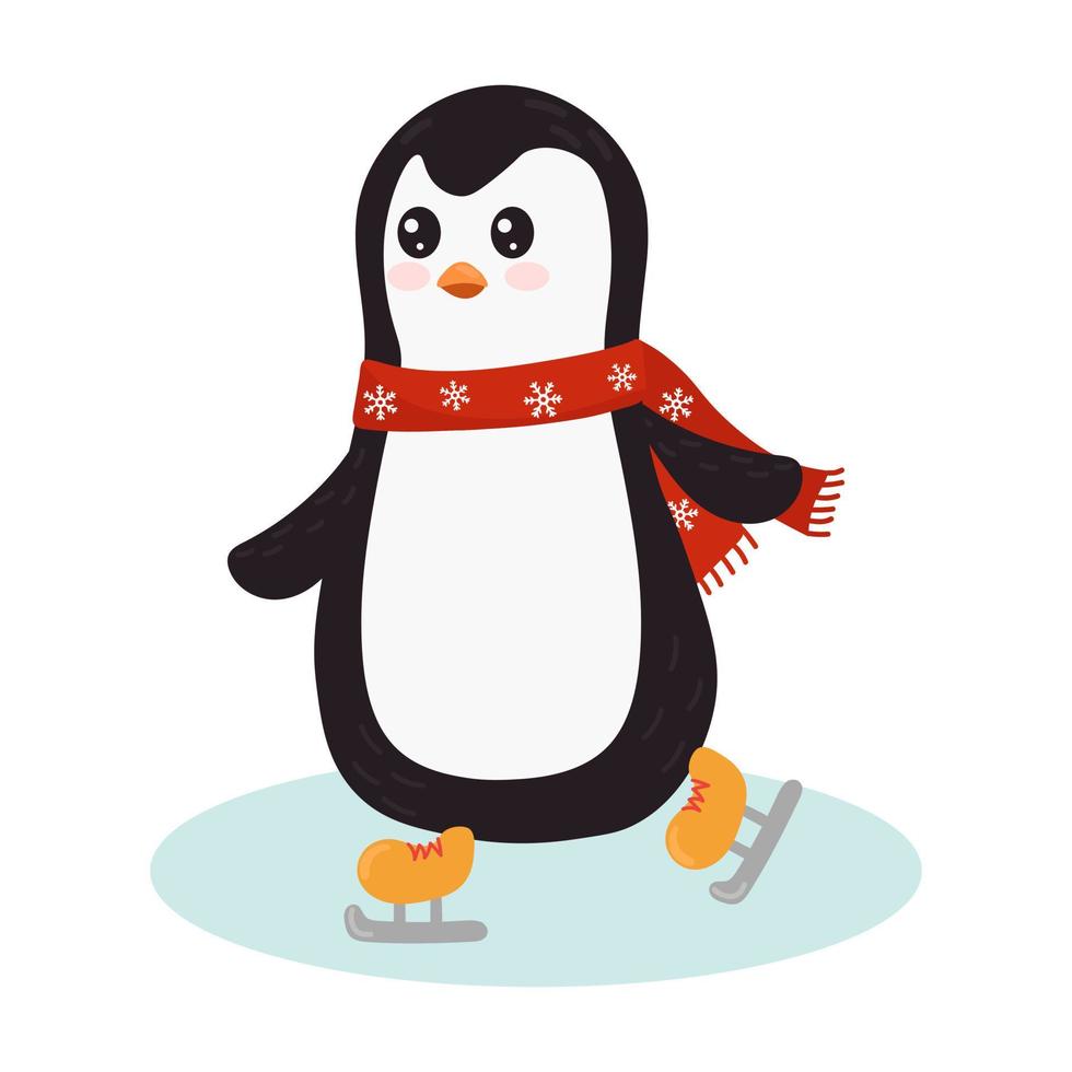 Pinguin in einem Schal Schlittschuhe auf Eis. süßer Pinguin-Skater. kindlicher Vektorcharakter. Vektor-Illustration. perfekt für weihnachtskarten und dekoratives design. vektor