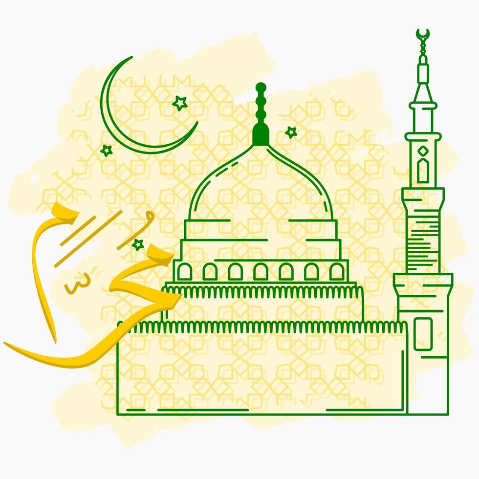 editierbarer vektor der umrissstil-nabawi-moscheenillustration auf gemusterten pinselstrichen mit arabischer kalligrafie von muharram für hijri-neujahr oder islamisches heiliges fest-designkonzept