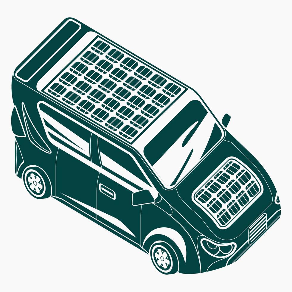 editierbarer, flacher, monochromer Stil, isometrisch, dreiviertel oben, schräge Vorderansicht, Elektroauto mit Solarpanel für futuristische, umweltfreundliche Fahrzeuge und grünes Leben oder Kampagne für erneuerbare Energien vektor