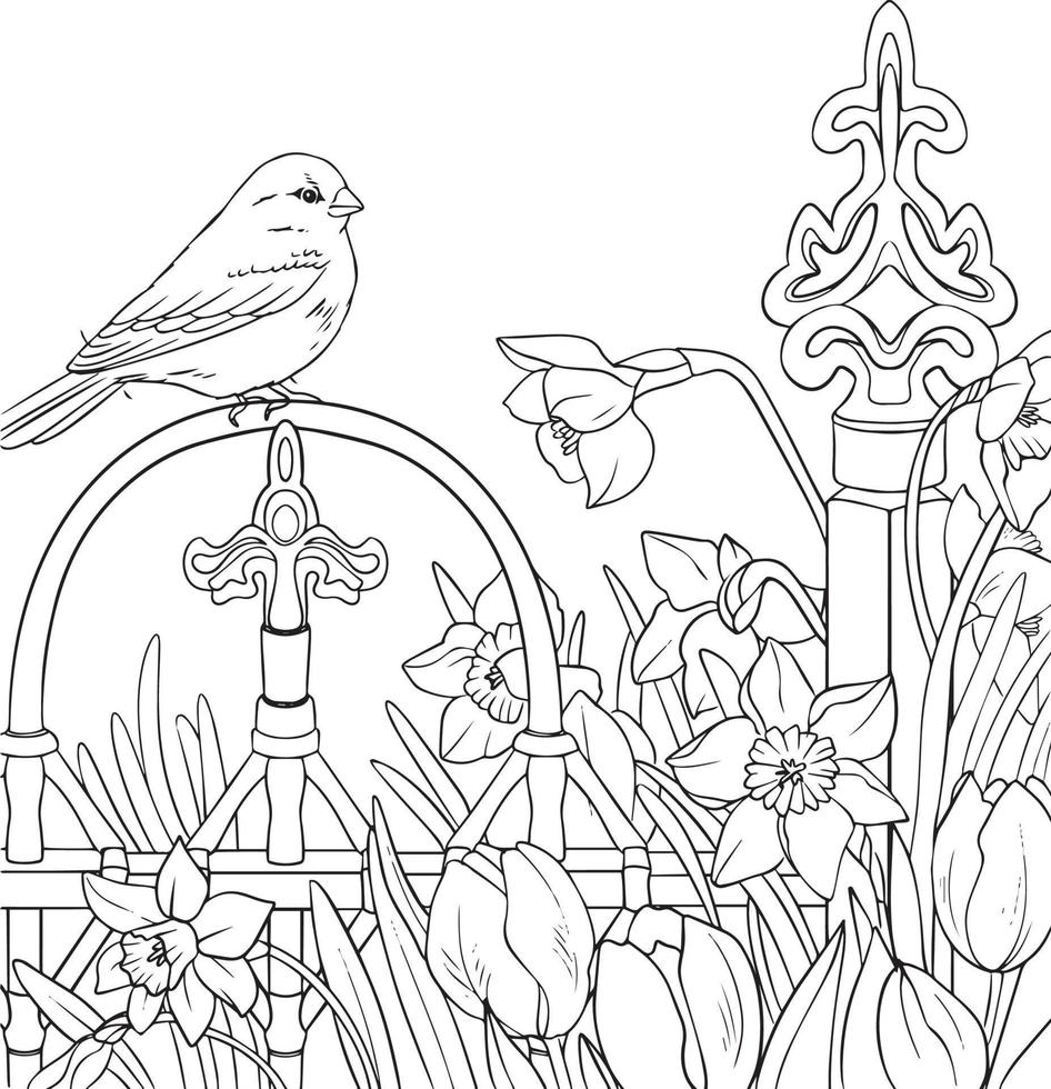 ein Zaun mit Blumen und einem Vogel. Schwarz-Weiß-Vektorzeichnung. zum Ausmalen und Illustrieren. vektor