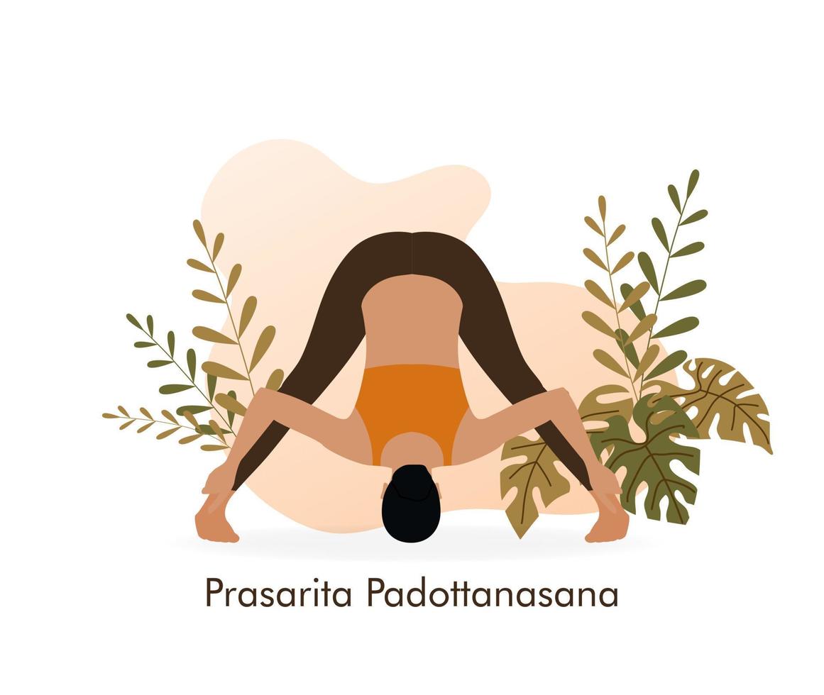 junge Frau in Yoga-Pose. prasarita padottanasana. Mädchen, das Pilates oder Übungen vor einem abstrakten Hintergrund macht. körperliche und spirituelle Praxis. Vektor-Illustration. vektor