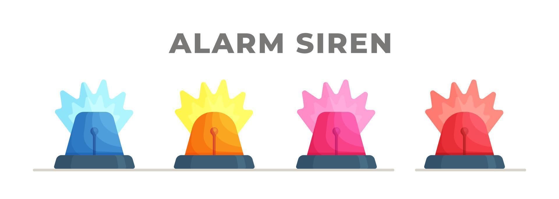 Reihe von Feuersirenen in verschiedenen Farben. Vektorillustration von vier bunten Sirenen für Feuerwehrleute, Trauer, Luftalarme und mehr. vektor