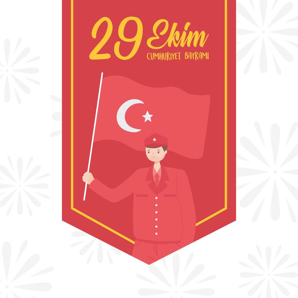 Tag der Türkei Republik. Anhänger Soldat mit Flagge vektor