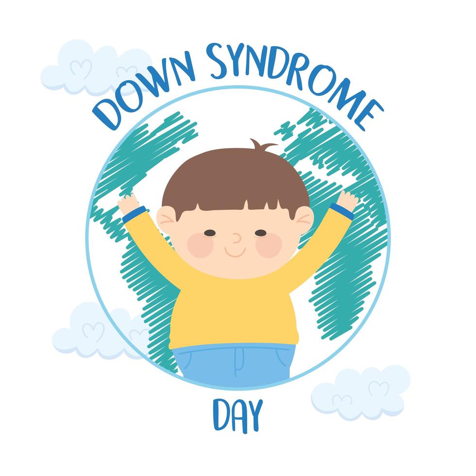 Welt-Down-Syndrom-Tag. glücklicher Junge in der Welt vektor