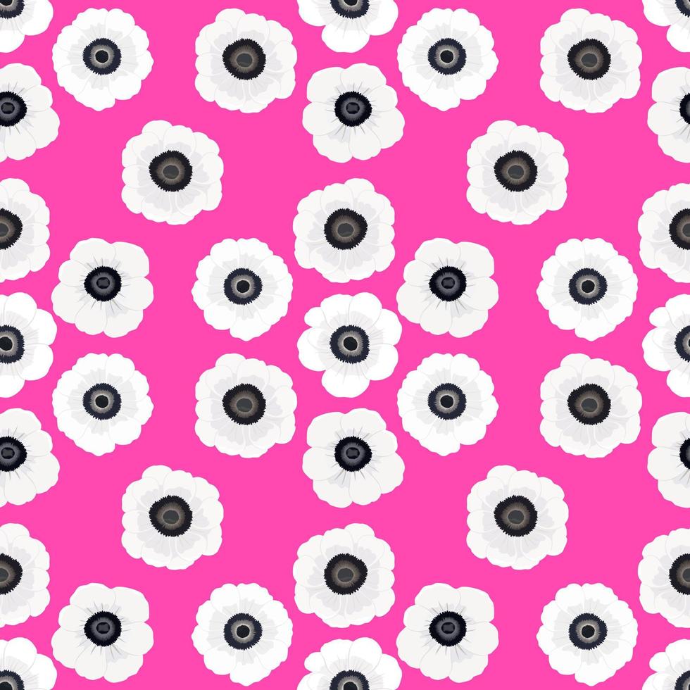 Vektornahtloses Muster mit weißer Blütenblattanemone Frühlingsblumenblüte, Illustration abstrakte Flora Zeichnung auf rosa Hintergrund für Modegewebe Textildruck, Tapeten und Papierverpackung vektor
