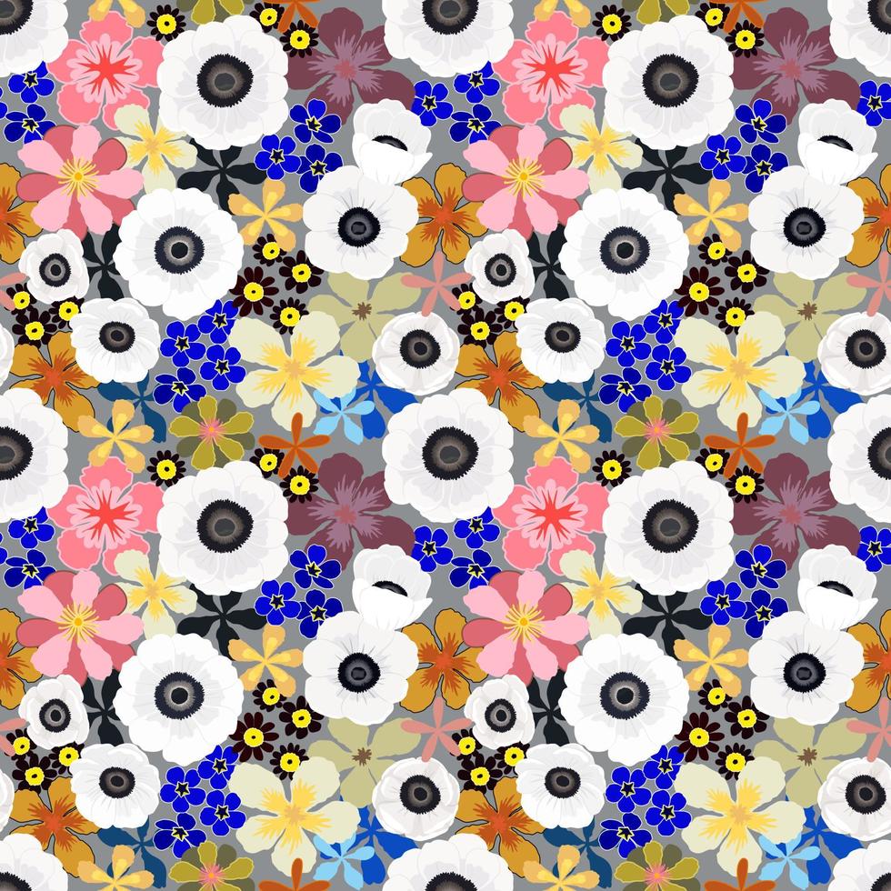 Vektornahtloses Muster mit weißer Blütenblattanemone, Frühlingsblumenblüte, Illustration, abstrakte Flora, Zeichnung auf blauem Hintergrund für Modegewebe, Textildruck, Tapeten und Papierverpackung vektor