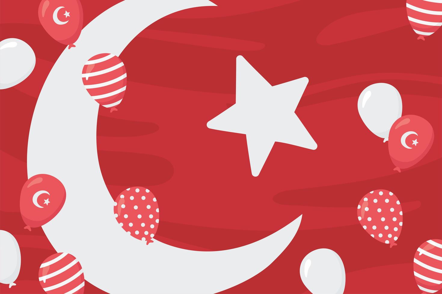 Turkiets republikdag. flagga, måne, stjärna och ballonger vektor
