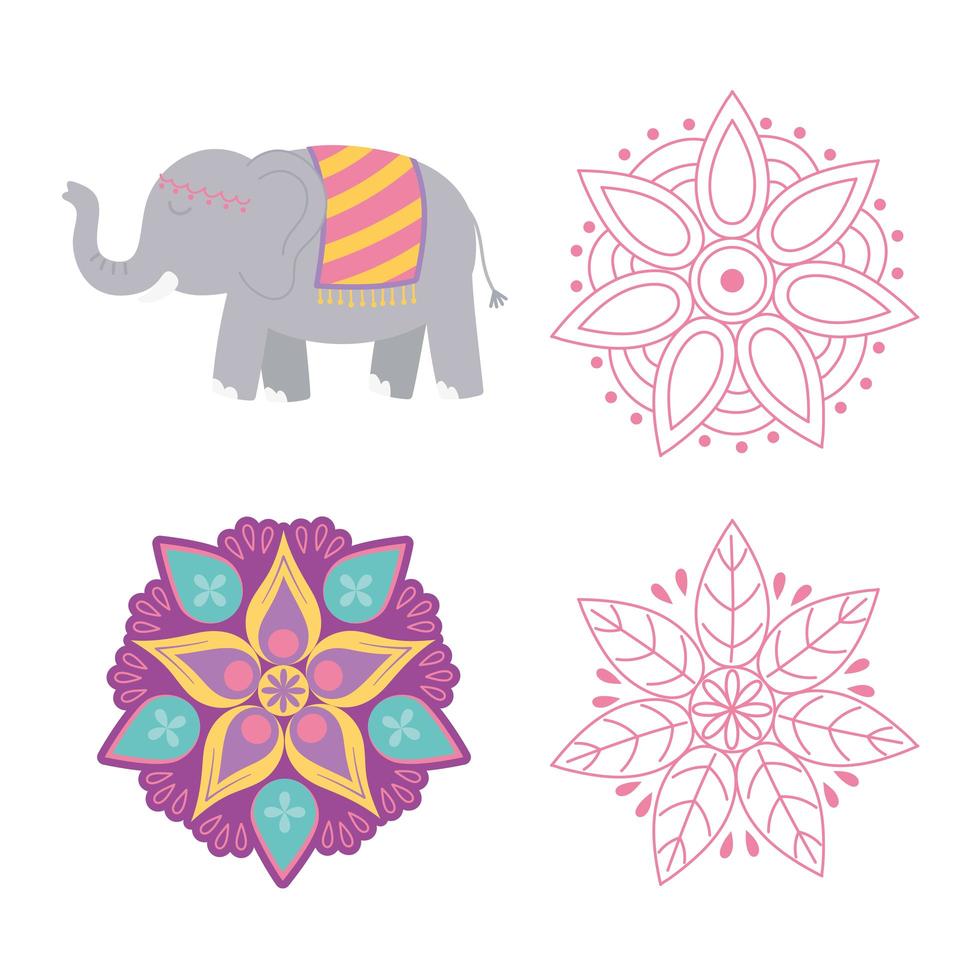 glad diwali festival. blommiga mandalor och elefant vektor