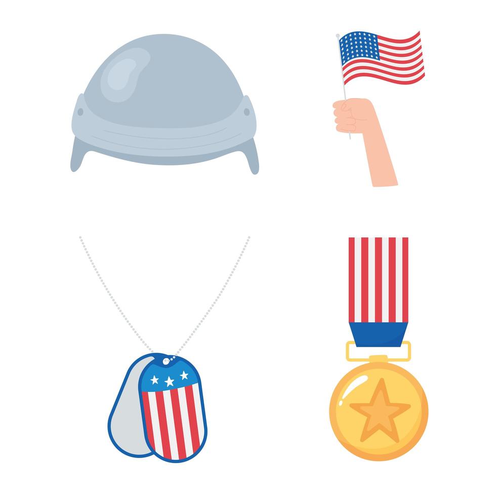 Glücklicher Veteranentag. Medaille, Flagge und Helm vektor