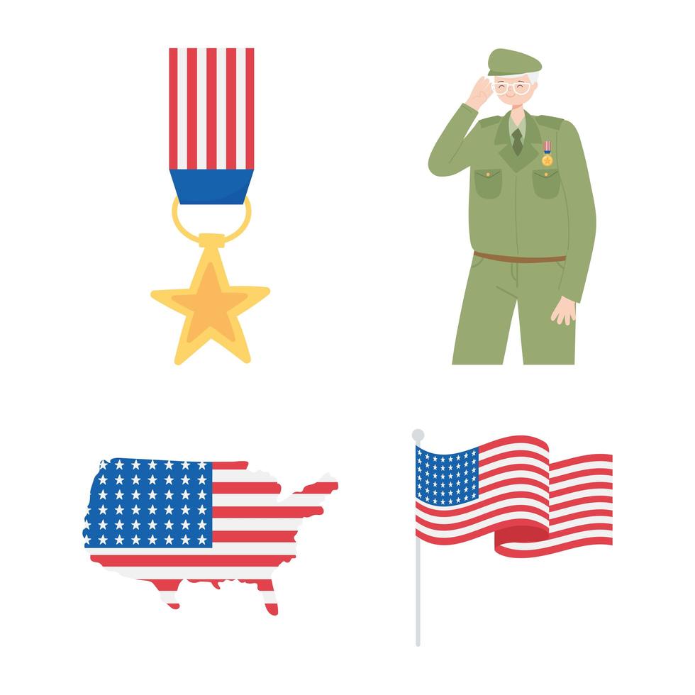Glücklicher Veteranentag. Medaille, Soldat, Karte und Flagge vektor