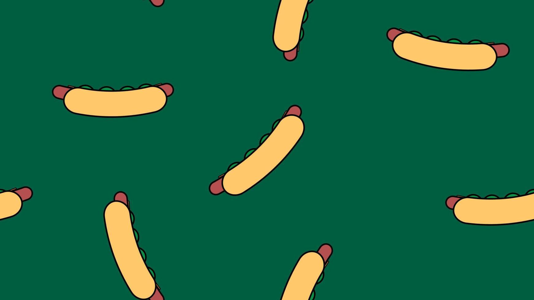 Hotdog auf grünem Hintergrund, Vektorillustration, Muster. Wurstsandwich, gefülltes, appetitliches Brötchen. Einrichtung von Küche, Café, Restaurant. Dekoration, Tapeten für die Gastronomie vektor