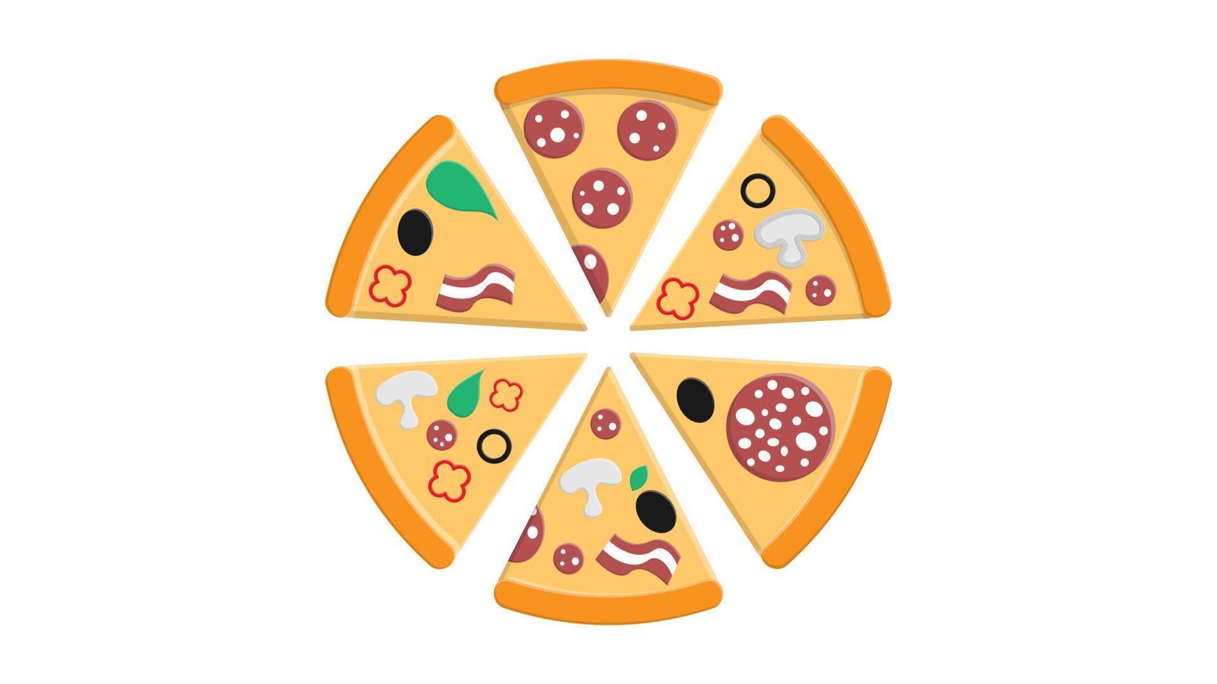 pizza med pålägg på en vit bakgrund, vektor illustration. en massa av pizza skiva med annorlunda pålägg av salami med ister, oliver, bacon och grönsaker. snabb mat mellanmål, salt mat