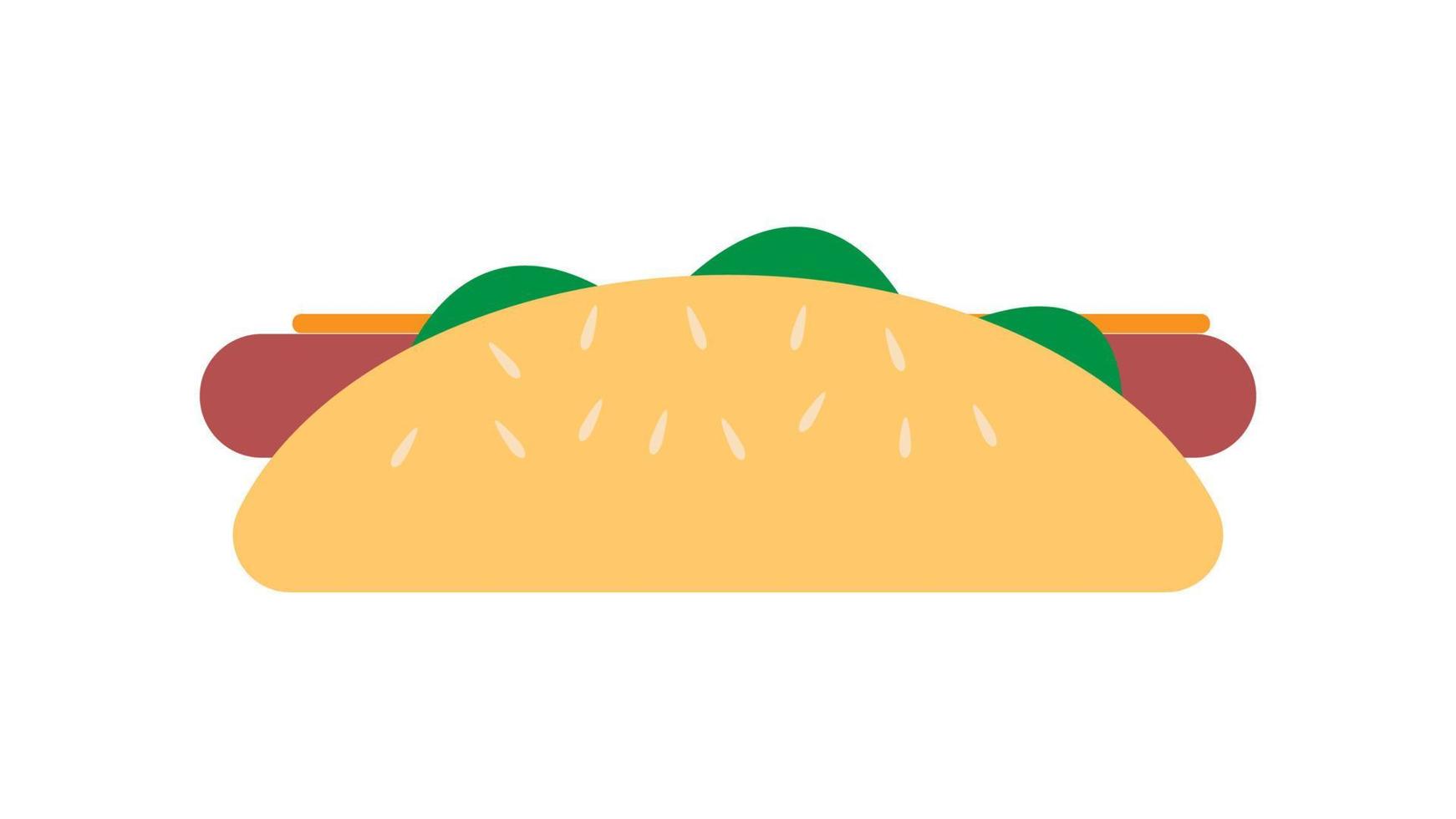 Sandwich mit Wurst auf weißem Hintergrund, Hotdog, Vektorillustration. Sandwich, herzhafter Snack, Fast Food. Brötchen mit Kräutern, Senf, Käse und Fleisch, Sesam obendrauf vektor