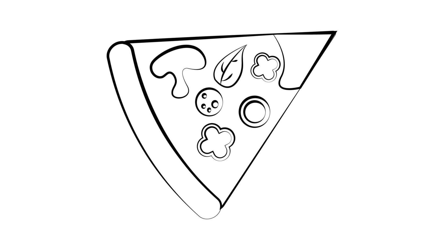 skiva av pizza på tunn deg, på en vit bakgrund, vektor illustration. svart och vit illustration. pizza fylld med svamp, korvar, ost och örter. snabb mat mellanmål