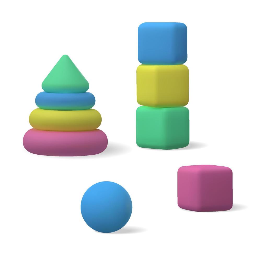 satz von artikeln von kinderspielzeug 3d isolierter vektor. Pyramide und Würfel für Kinderillustration vektor