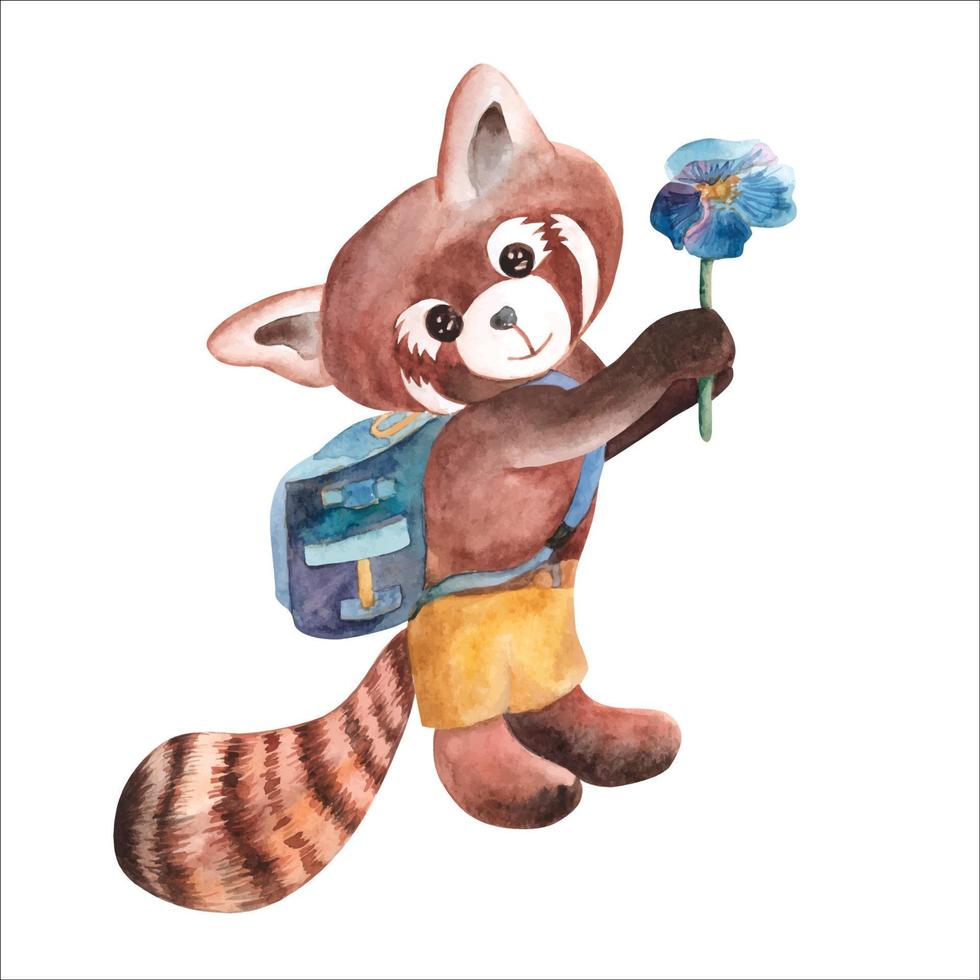 söt röd panda med blomma i tassar med ryggsäck reser. barnkammare vattenfärg. vektor