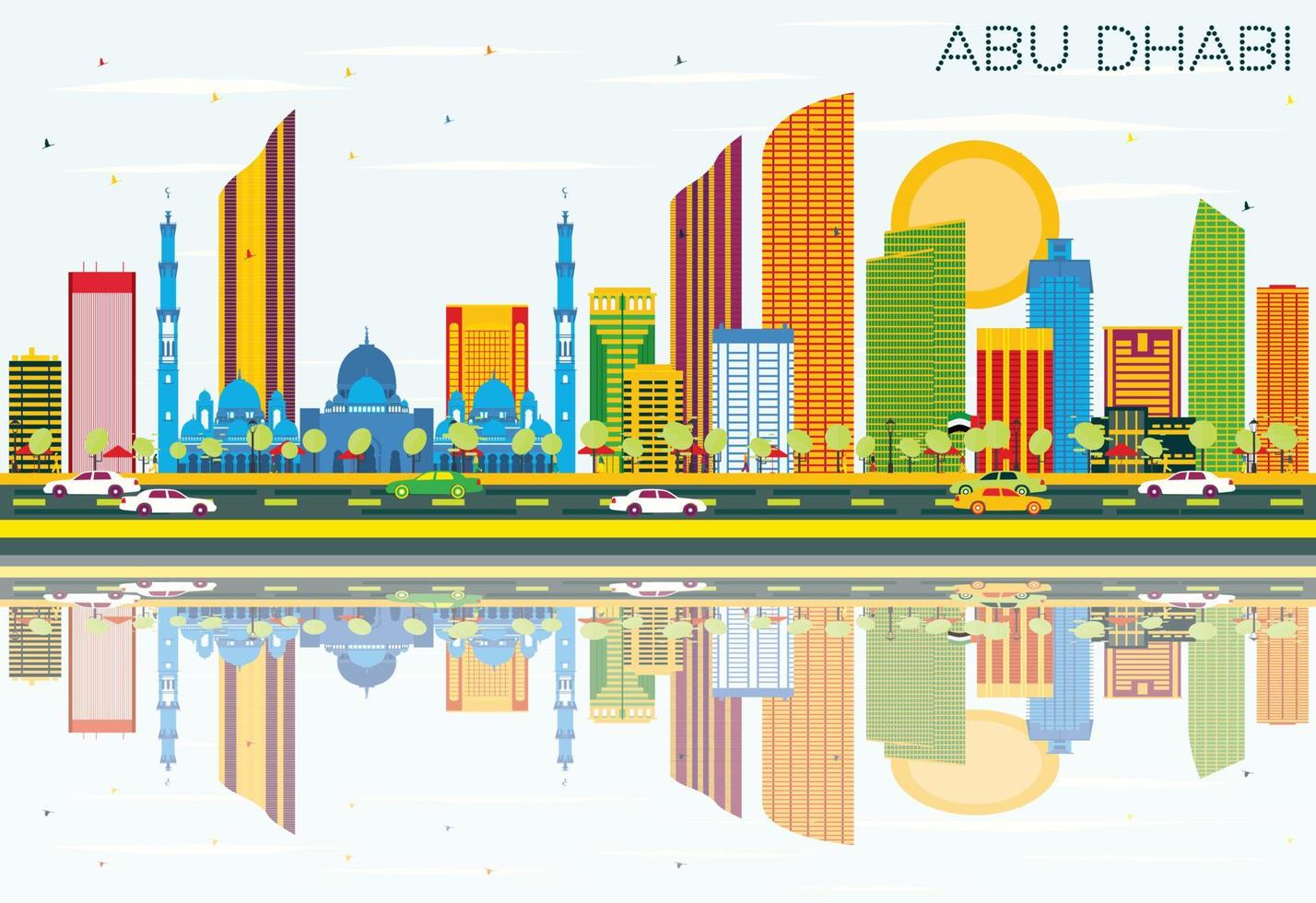 abu dhabi skyline mit farbigen gebäuden, blauem himmel und reflexionen. vektor