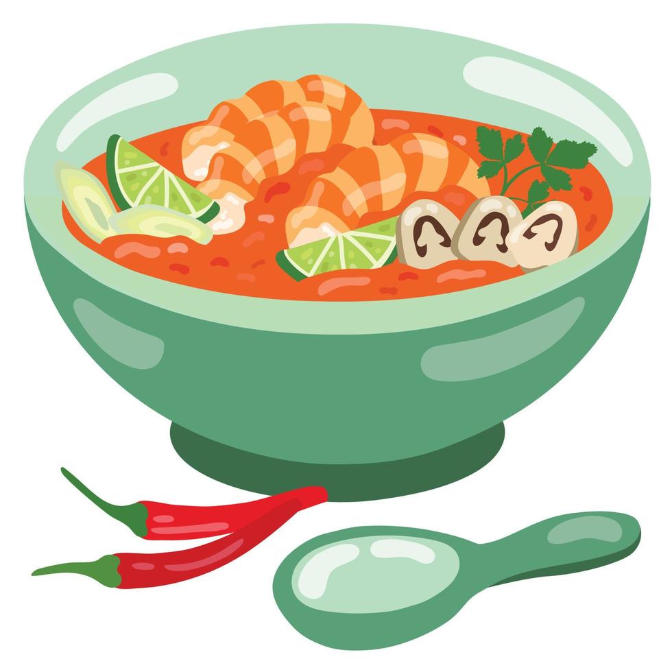 Tom Yum Kung-Suppe. thailändische würzige suppe. hand gezeichnete vektorillustration. geeignet für website, aufkleber, menü. vektor