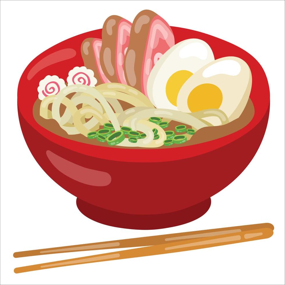 Ramen-Suppe mit Nudeln, gekochten Eiern und Fleisch. hand gezeichnete vektorillustration. geeignet für website, aufkleber, menü. vektor