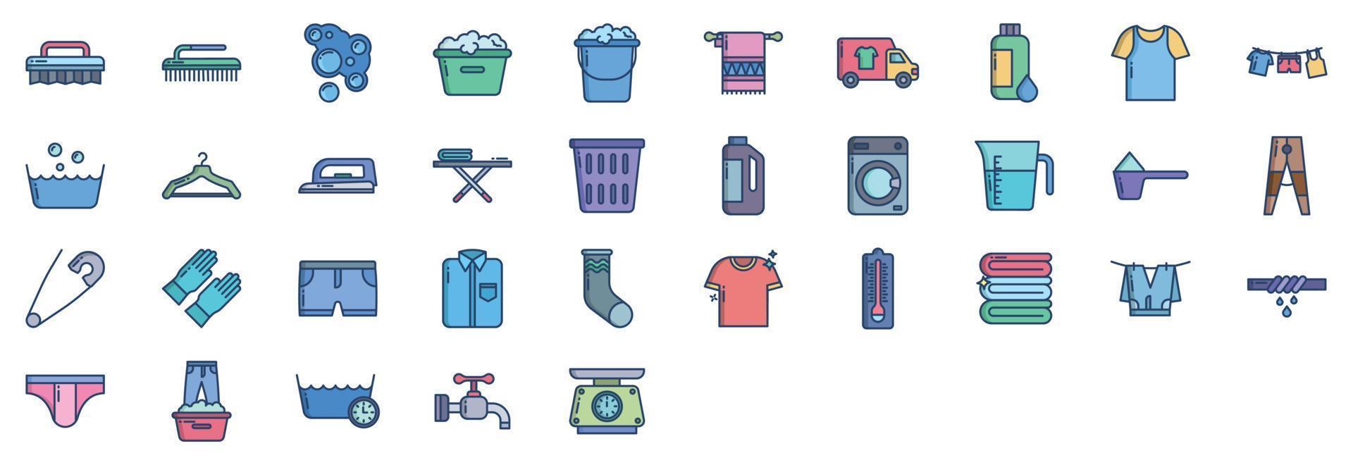 Sammlung von Symbolen im Zusammenhang mit Wäsche und chemischen Reinigungen, einschließlich Symbolen wie Stoff, Eimer, Wäsche, Kleid und mehr. vektorillustrationen, pixelperfekter satz vektor