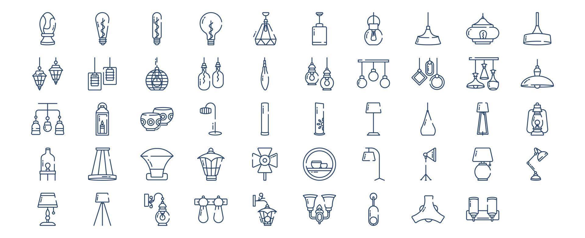 Sammlung von Symbolen im Zusammenhang mit Beleuchtung und Glühbirnenlicht, einschließlich Symbolen wie Bettlampe, Glühbirne, Dekorlicht und mehr. vektorillustrationen, pixelperfekter satz vektor