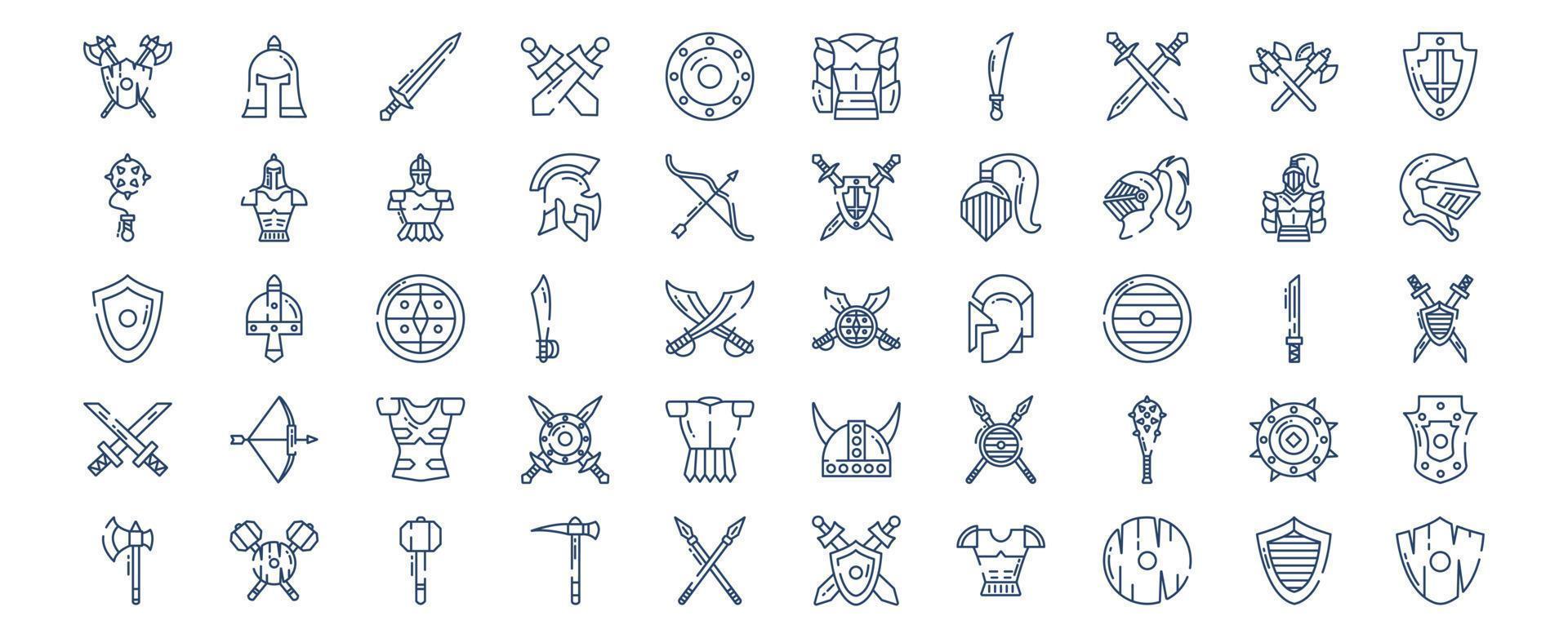 Sammlung von Symbolen im Zusammenhang mit Mittelalter und Königreichen, darunter Symbole wie Barbuta, Rüstung, römischer Helm, Krieg und mehr. vektorillustrationen, pixelperfekter satz vektor