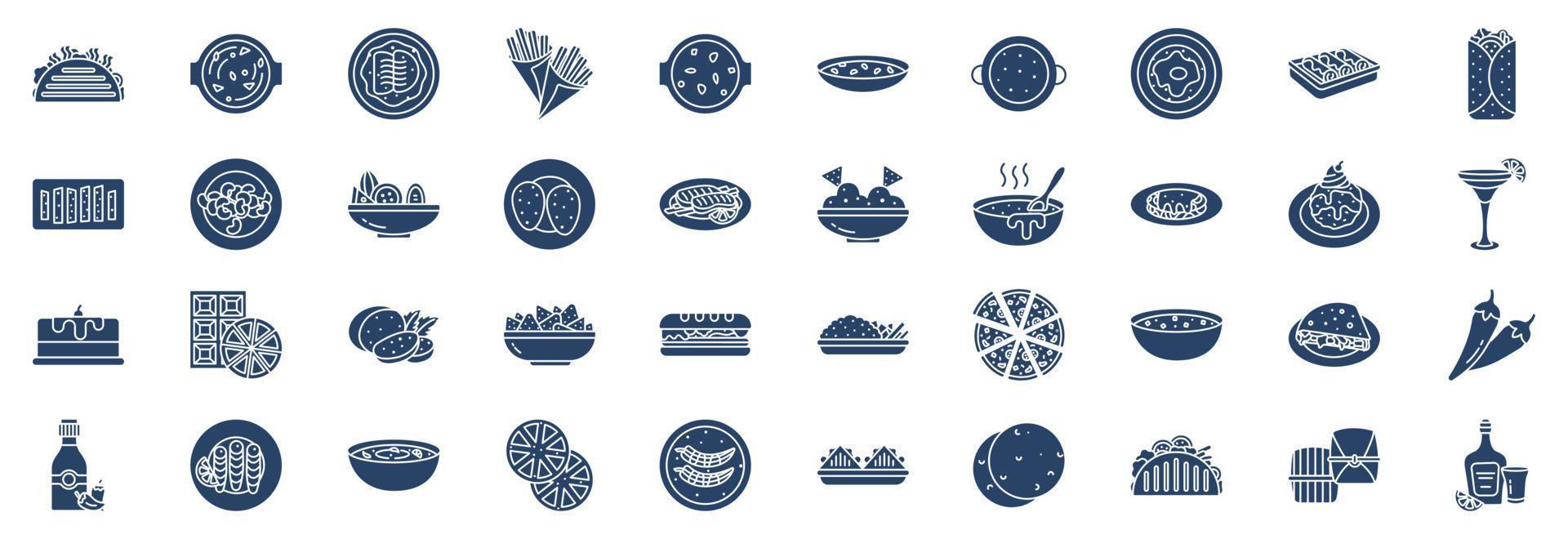 samling av ikoner relaterad till mexikansk mat, Inklusive ikoner tycka om soppa, cocido, churro, duros, fajita och Mer. vektor illustrationer, pixel perfekt uppsättning