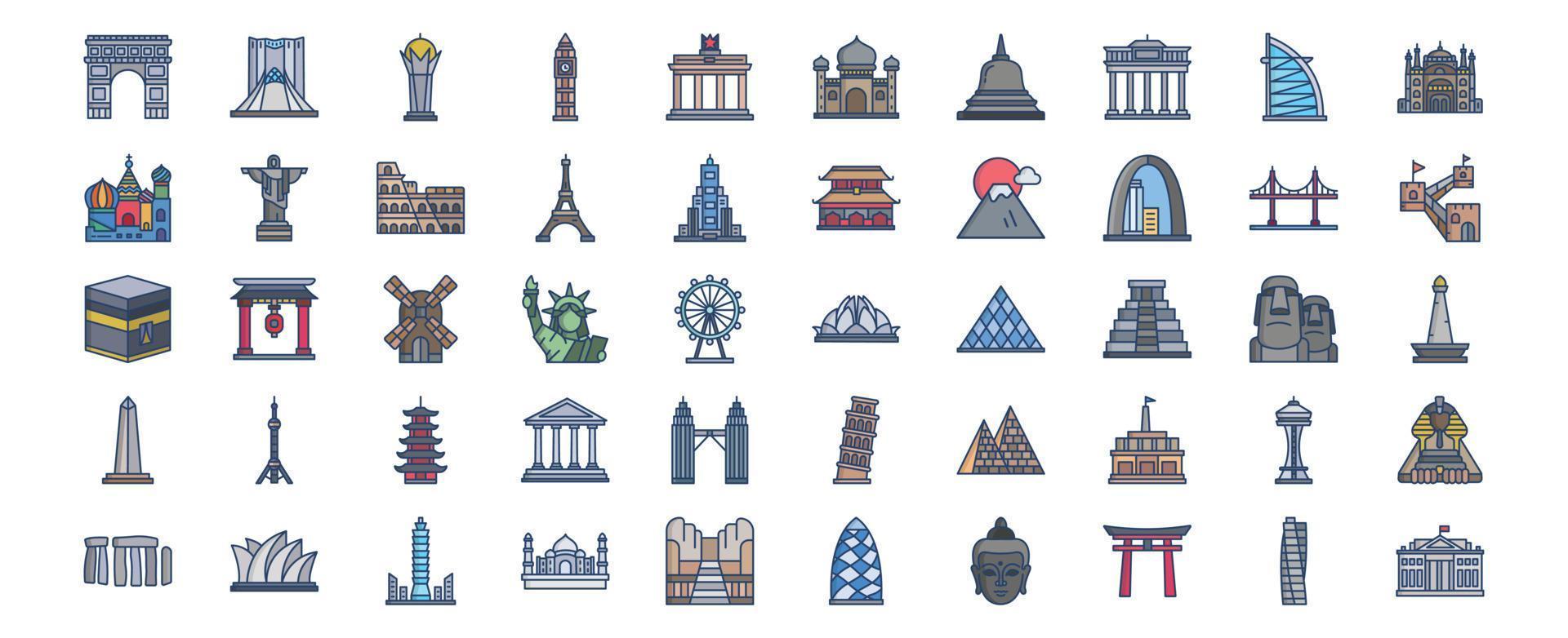 samling av ikoner relaterad till värld känd landmärken, Inklusive ikoner tycka om taj mahal, taipei, toriien och Mer. vektor illustrationer, pixel perfekt uppsättning
