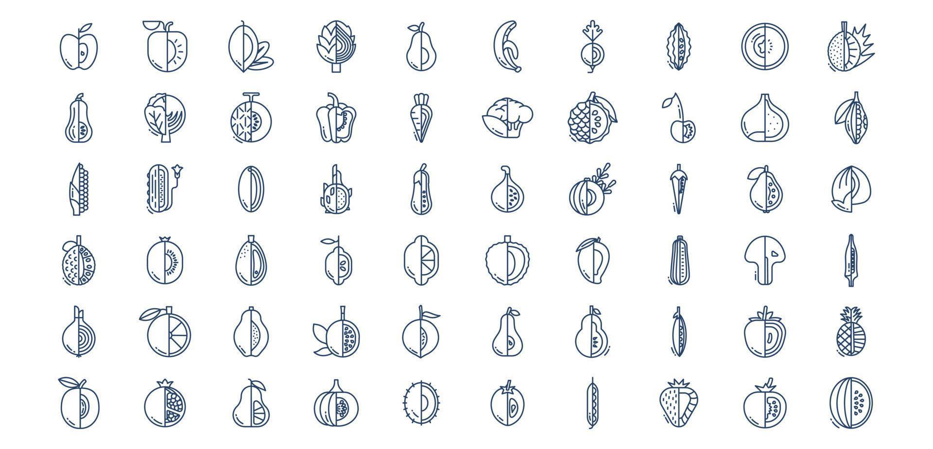 Sammlung von Symbolen im Zusammenhang mit Obst und Gemüse, darunter Symbole wie Ananas, Artischocke, Kirsche, Erbsen und mehr. vektorillustrationen, pixelperfekter satz vektor