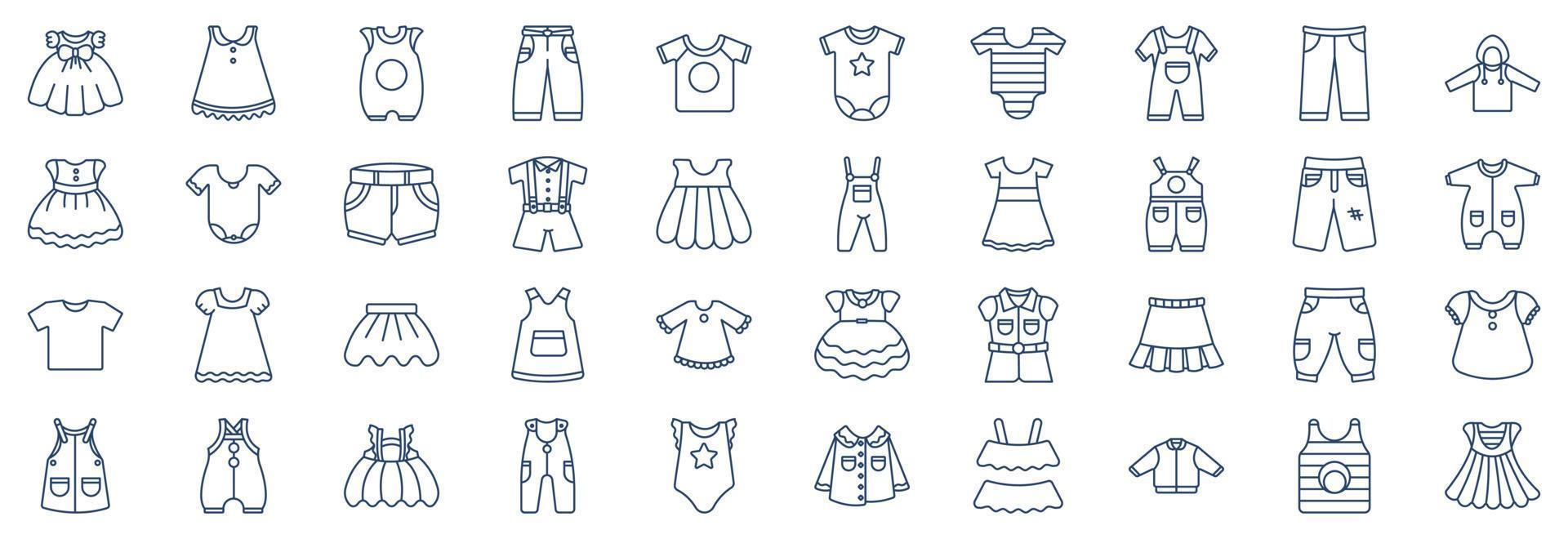 Sammlung von Symbolen im Zusammenhang mit Kinderkleidung und -kleidung, einschließlich Symbolen wie Shorts, Hosen, Shorts und mehr. vektorillustrationen, pixelperfekter satz vektor