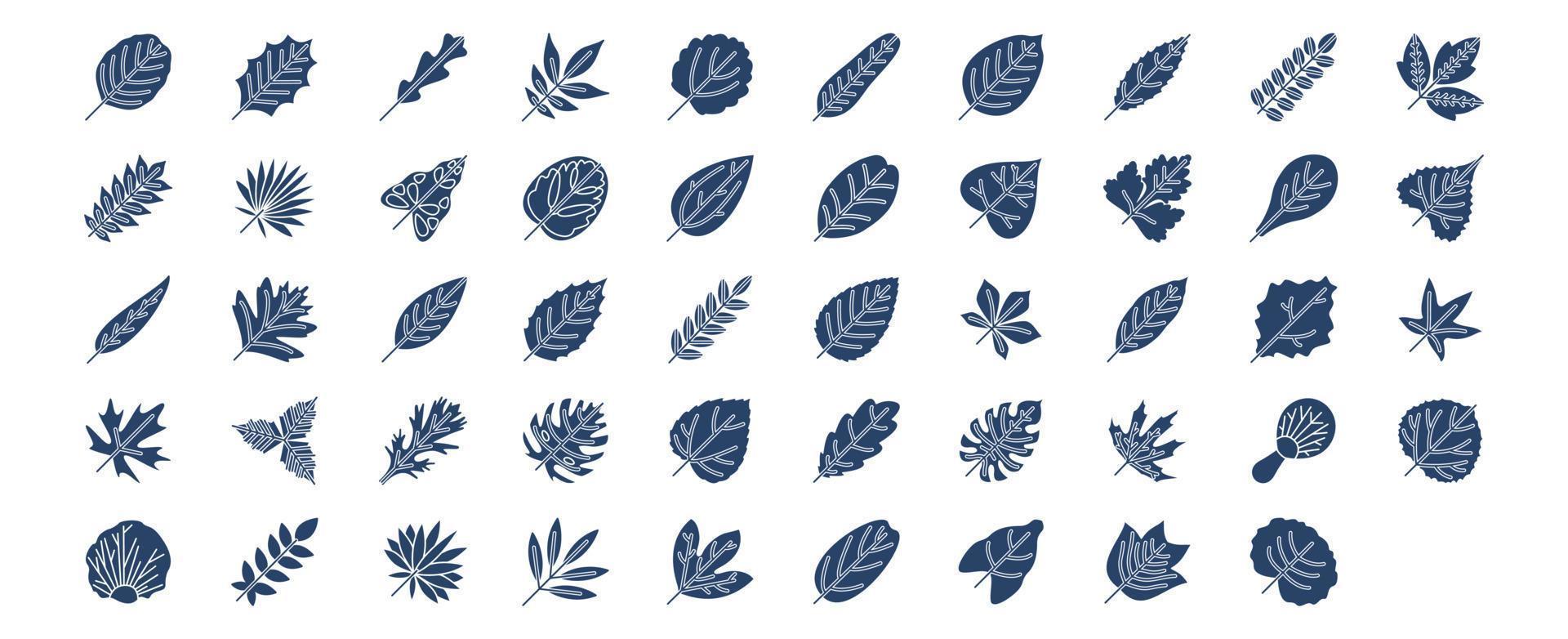 Sammlung von Symbolen im Zusammenhang mit Blättern, einschließlich Symbolen wie Erle, Rucola, Espe, Esche, Banane und mehr. vektorillustrationen, pixelperfekter satz vektor