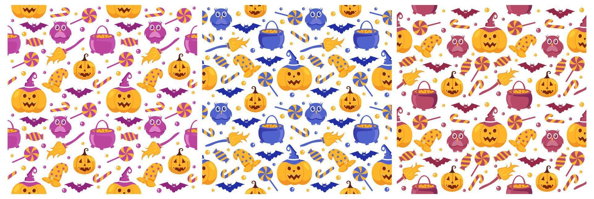 uppsättning av halloween sömlös mönster design med häxa, besatt hus, pumpor eller fladdermöss i mall hand dragen tecknad serie platt illustration vektor