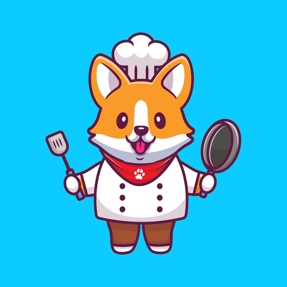 süßer Corgi-Koch mit Bratpfanne und Pfannenwender. Cartoon-Vektor-Symbol-Illustration. Tierberufssymbol-Konzept isolierter Premium-Vektor. flacher Cartoon-Stil vektor