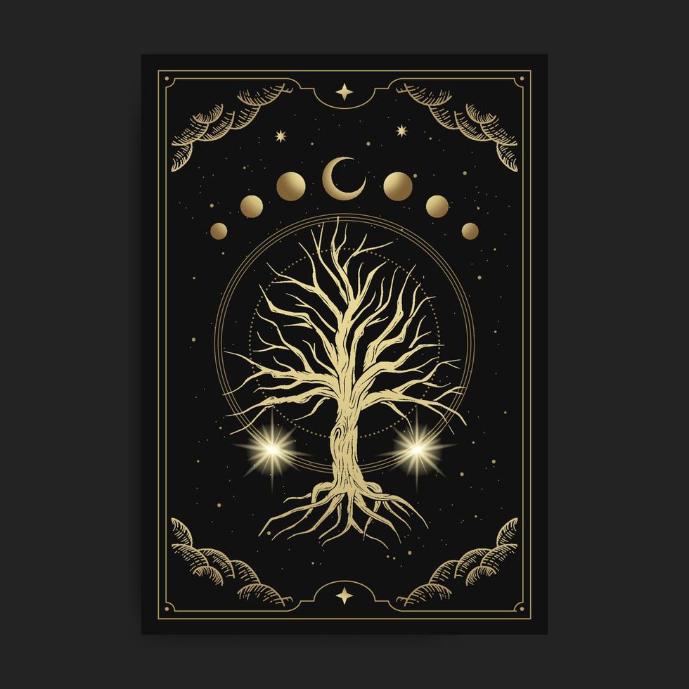magisk helig träd i måne fas dekoration med gravyr, hand ritade, lyx, himmelsk, esoterisk, boho stil, passa för spiritualist, religiös, paranormala, tarot läsare, astrolog eller tatuering vektor