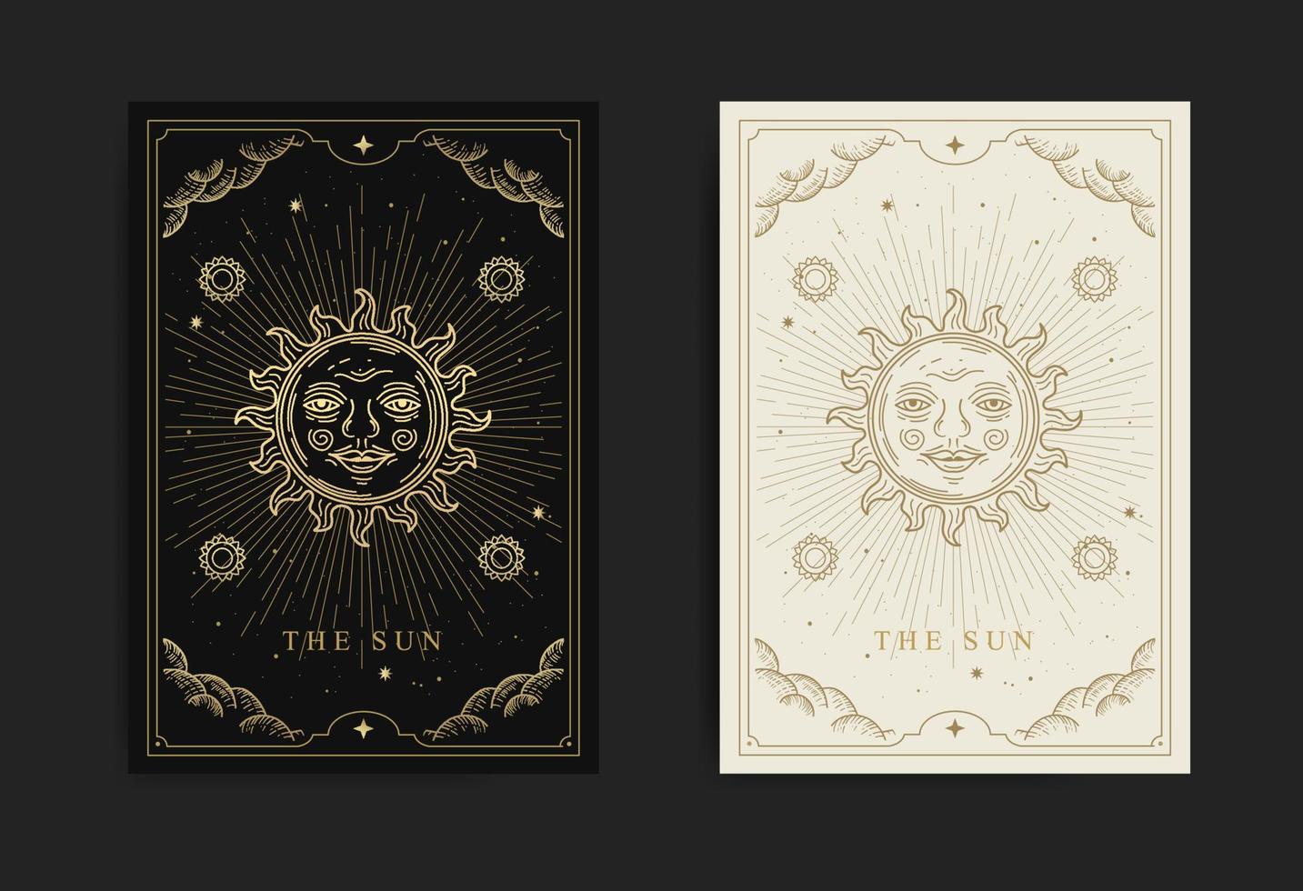 de Sol tarot kort med gravyr, handritade, lyx, esoterisk, boho stil, passa för paranormala, tarot läsare, astrolog eller tatuering vektor