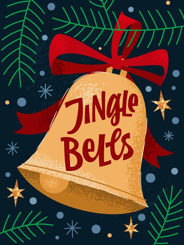 trendige kreative weihnachtshandbeschriftungsillustration, jingle bells. buntes vektortypografiedesign mit goldener glocke, bändern, kiefern und goldenen sternen. vektor