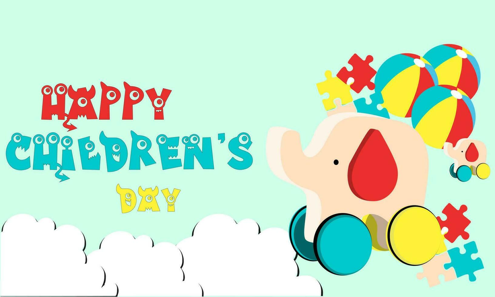 glückliche kindertagsvektorillustration mit spielzeug links und wolken unten. für Poster, Banner, Karten, soziale Medien vektor