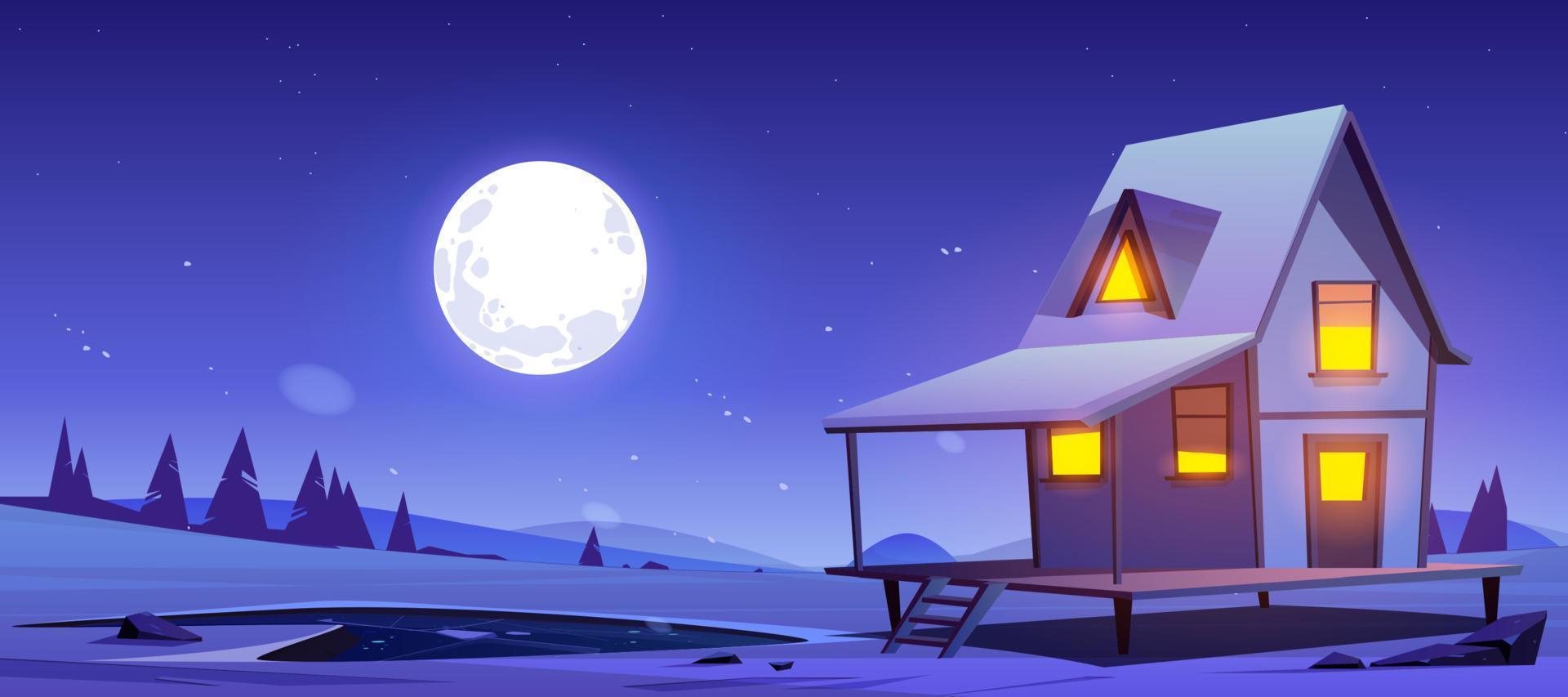 Haus auf Hügel mit Schnee und gefrorenem Teich in der Nacht vektor