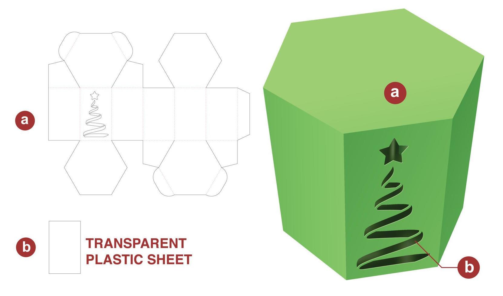 sechseckige kartonschachtel mit weihnachtsbaumfenster-stanzschablone und 3d-modell vektor