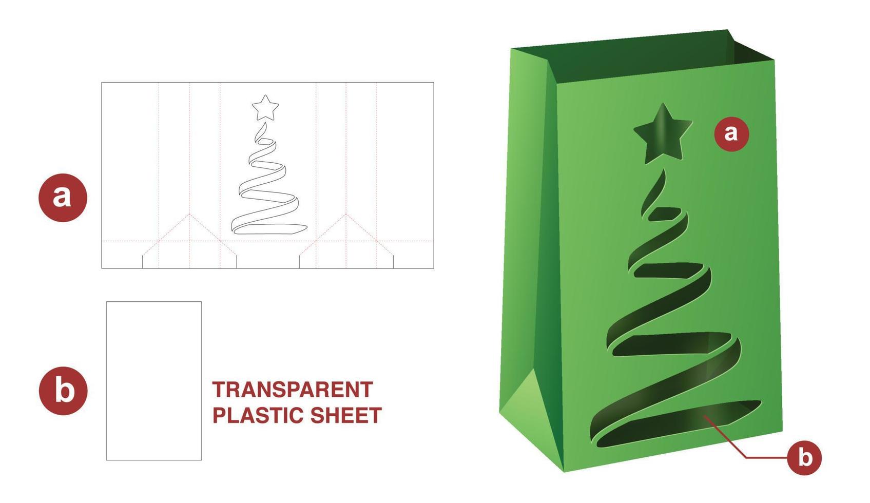 Papiertüte mit schablonierter Weihnachtsbaum-Stanzschablone und 3D-Modell vektor