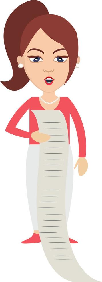 Frau mit Aufgabenliste, Illustration, Vektor auf weißem Hintergrund.
