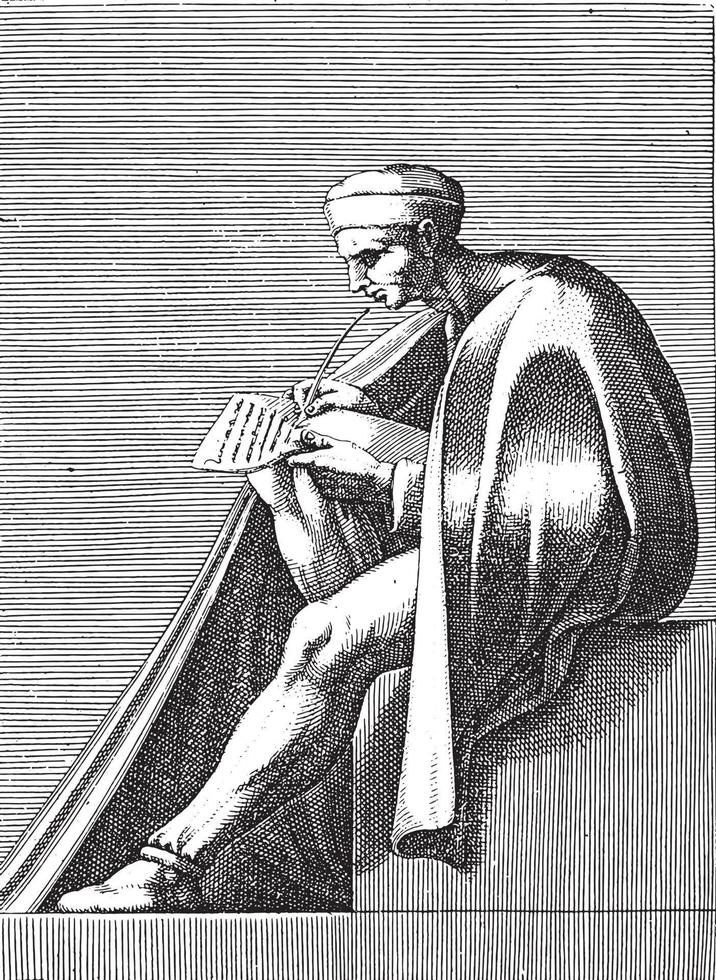 skrivning man, Adamo scultori, efter michelangelo, 1585, årgång illustration. vektor