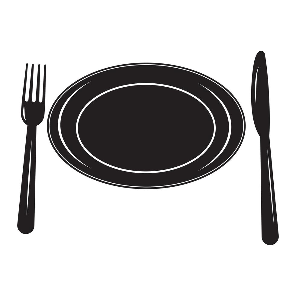 bestick gaffel och kniv och tallrik, vektor isolerat illustration, svart stencil ikon