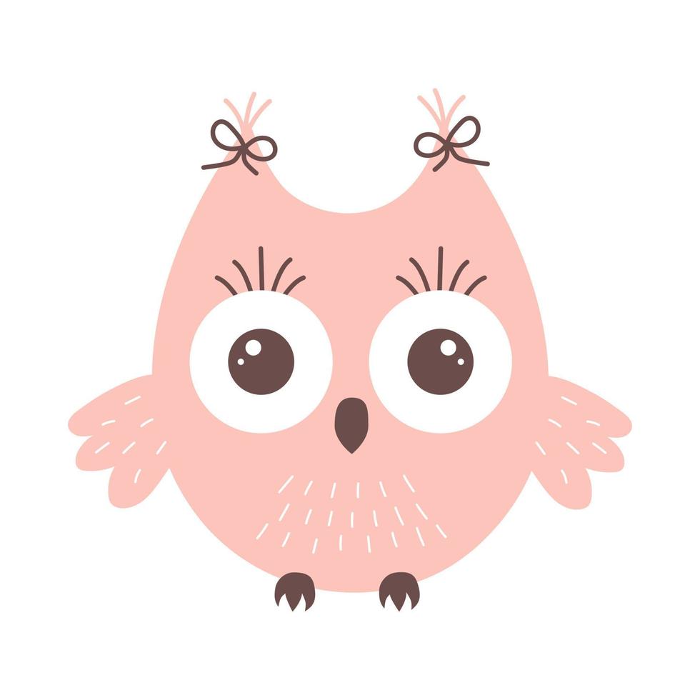 söt rolig rosa Uggla med stor ögon och pilbågar. skog fågel tecknad serie karaktär. vektor