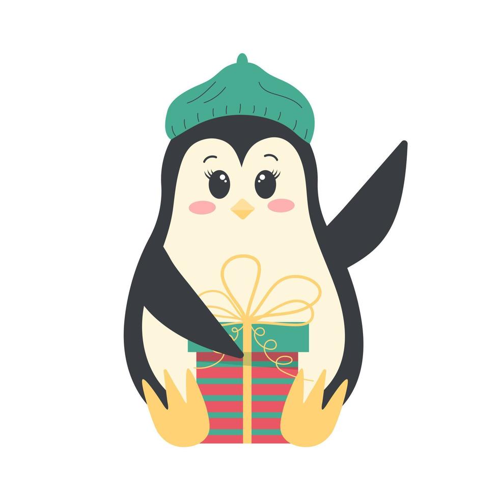 söt rolig pingvin i en basker Sammanträde med jul gåva låda. antarktisk fågel, tecknad serie karaktär isolerat på vit bakgrund. vektor