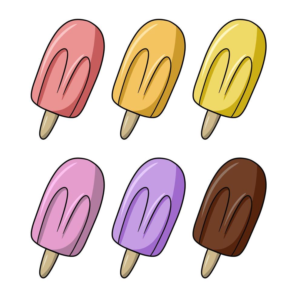 Eine Reihe farbiger Symbole, Obst- und Schokoladeneis auf einem Holzstab, Vektorillustration im Cartoon-Stil auf weißem Hintergrund vektor