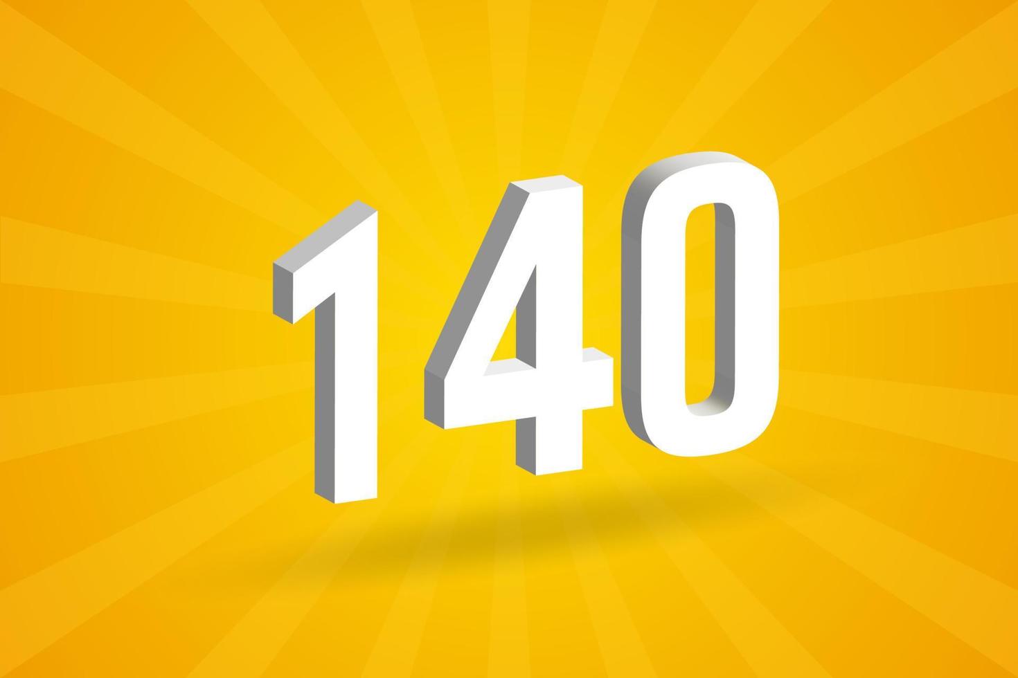 3d 140 siffra font alfabet. vit 3d siffra 140 med gul bakgrund vektor