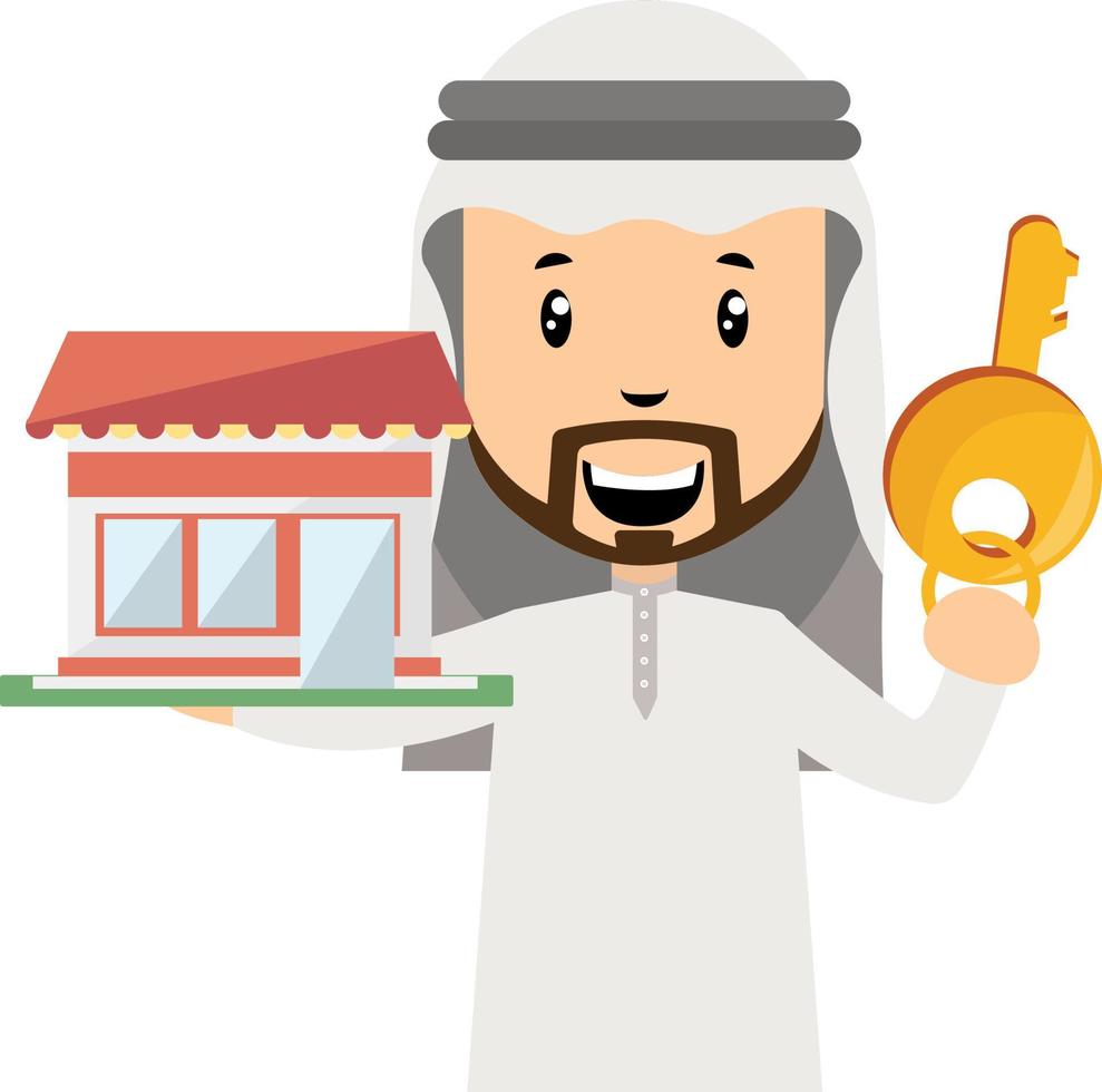 Araber mit großem Schlüssel, Illustration, Vektor auf weißem Hintergrund.