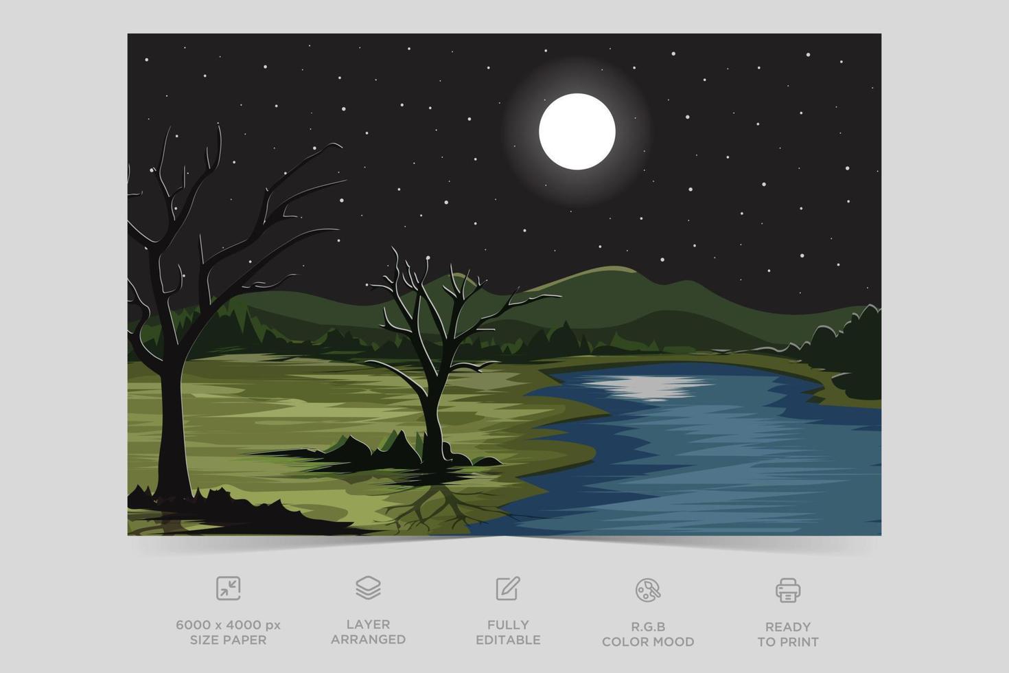Design-Hintergrundschablonen-Vektorillustration der Nachtflussansicht-Landschaftsdesignnaturszene flache vektor